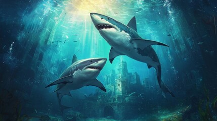 Two majestic sharks swim gracefully through a stunning underwater landscape, illuminated by rays of sunlight streaming from above.