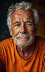 Obraz premium A man with a beard and white hair is wearing an orange shirt. He has a serious expression on his face