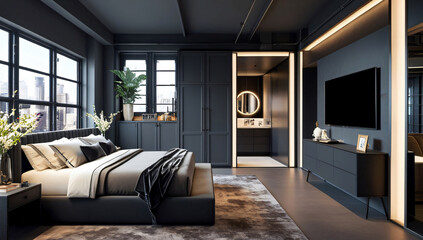 Fototapeta premium Dark gray color main bedroom model, Loft Style