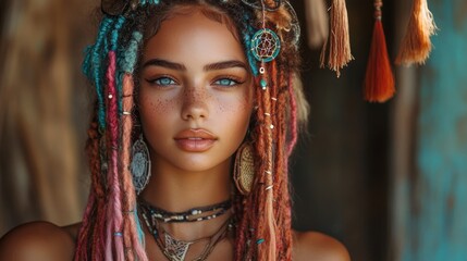 Obraz premium boho dreamcatcher hairstyle, discover one-of-a-kind boho braids adorned with dreamcatchers and tassels, exuding a spiritual, free-spirited vibe perfect for a music getaway