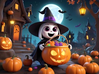 funny halloween ghost with candy-filled pumpkin bucket