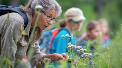 Senior Woman Leading a Nature Walk With Children in a Summertime Forest.
