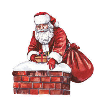 recommend clip art: A watercolor illustration of Santa Claus stands on the roof by the chimney with gifts.