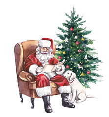 Hand-drawn watercolor illustration with Santa Claus sitting in an armchair and reading a letter. Labrador is sitting next to Santa. PNG on transparent background