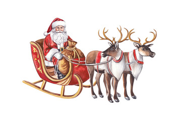 Watercolor illustration with Santa in a sleigh and reindeer sled.