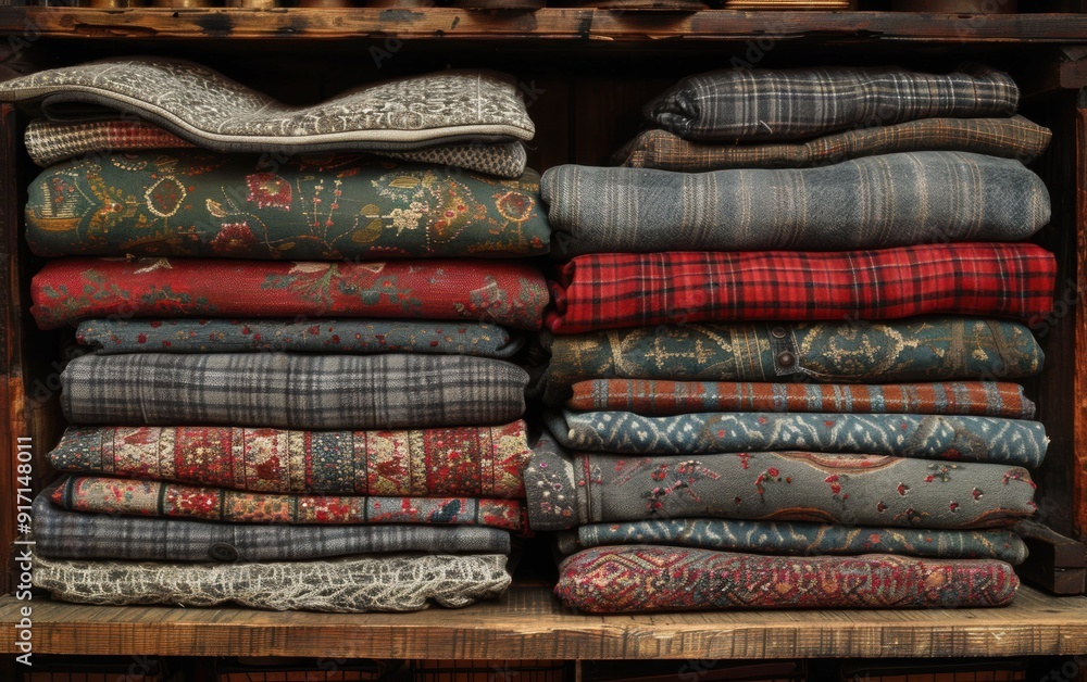 Aufkleber a pile of blankets and pillows on a shelf. the blankets are of different colors and patterns, and th