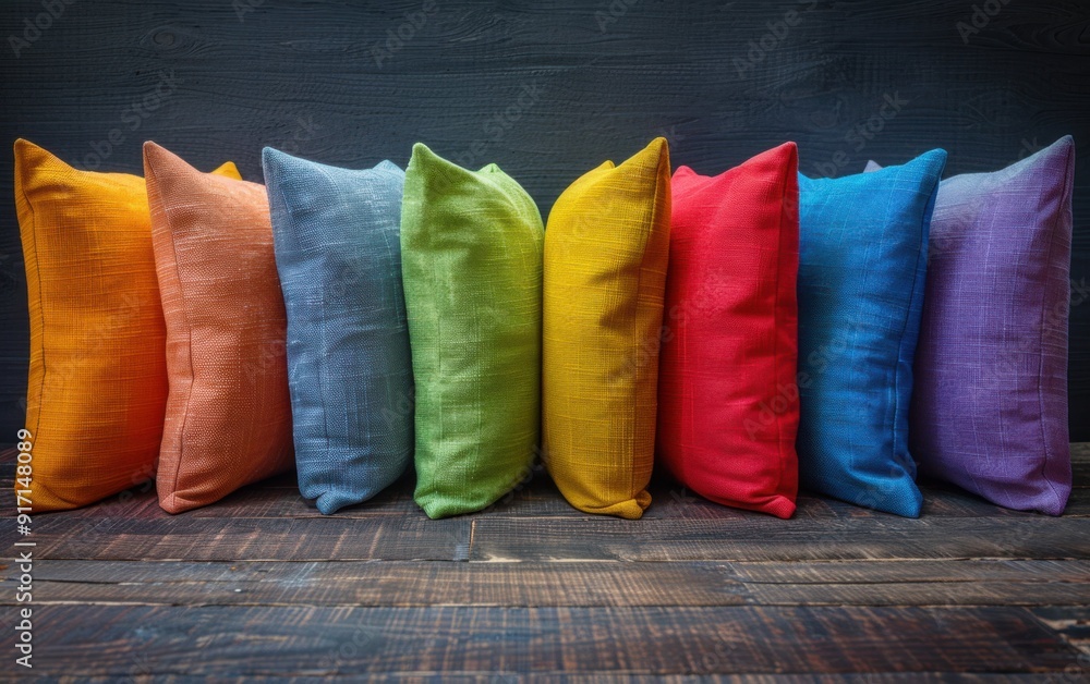 Aufkleber a row of colorful pillows on a wooden surface. the pillows are arranged in a rainbow pattern, with e