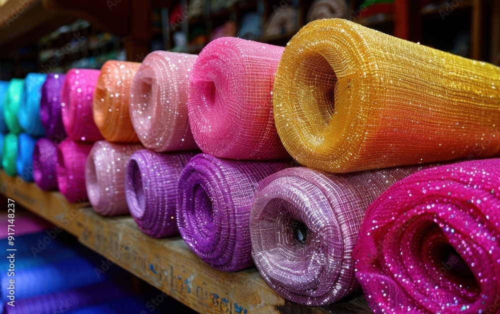 Aufkleber a row of colorful rolls of glittery fabric. the rolls are arranged in a rainbow pattern, with each c