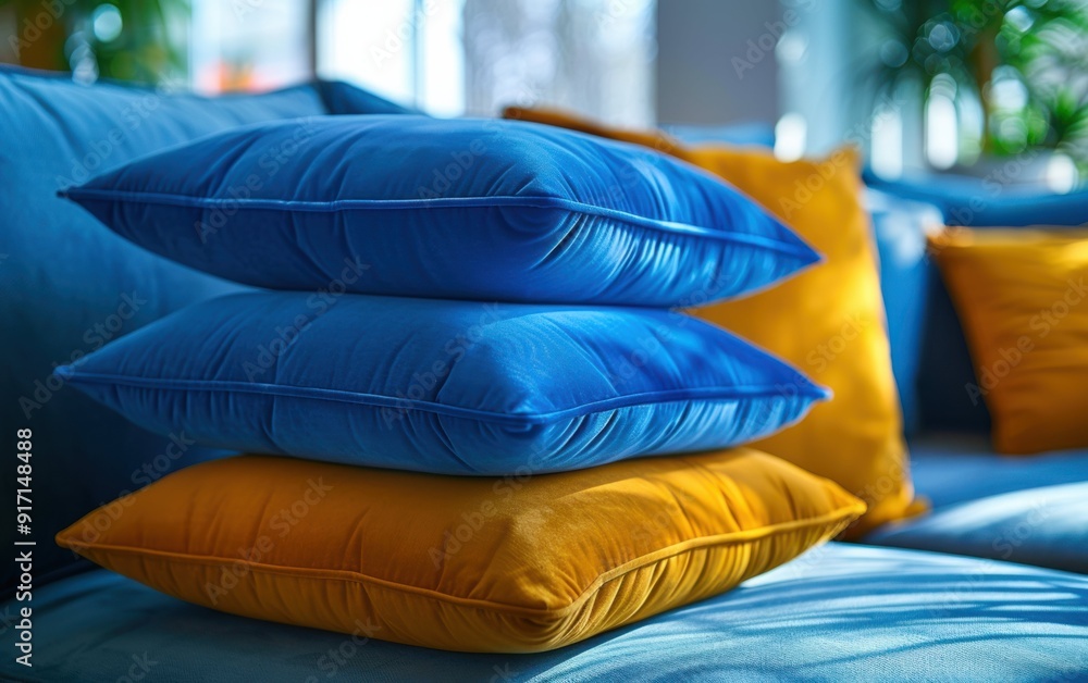 Poster three blue pillows are stacked on top of each other with a yellow pillow in between. the pillows are