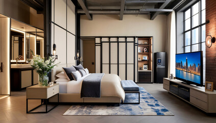 Obraz premium Light beige color main bedroom model, Loft Style
