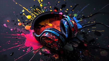 Fototapeta premium Colorful headphones with paint splatters.