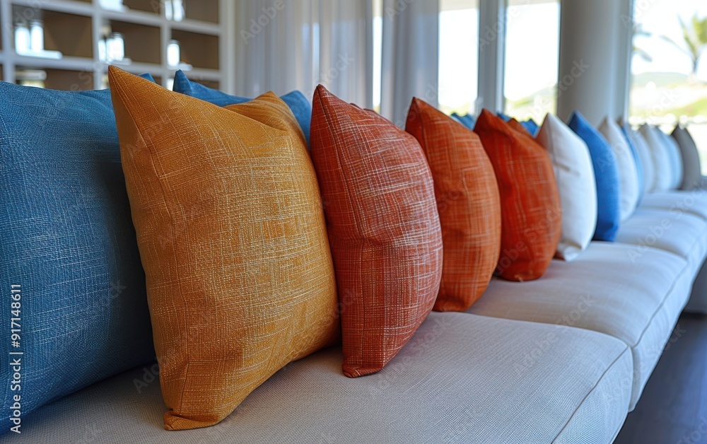 Aufkleber a row of pillows with different colors and patterns are arranged on a couch. the pillows are arrange