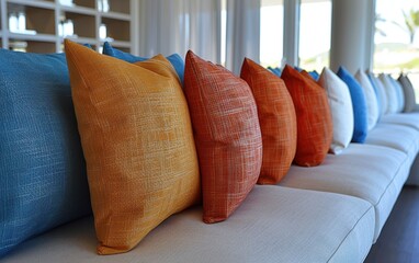 A row of pillows with different colors and patterns are arranged on a couch. The pillows are arranged in a way that creates a sense of harmony and balance, with the colors