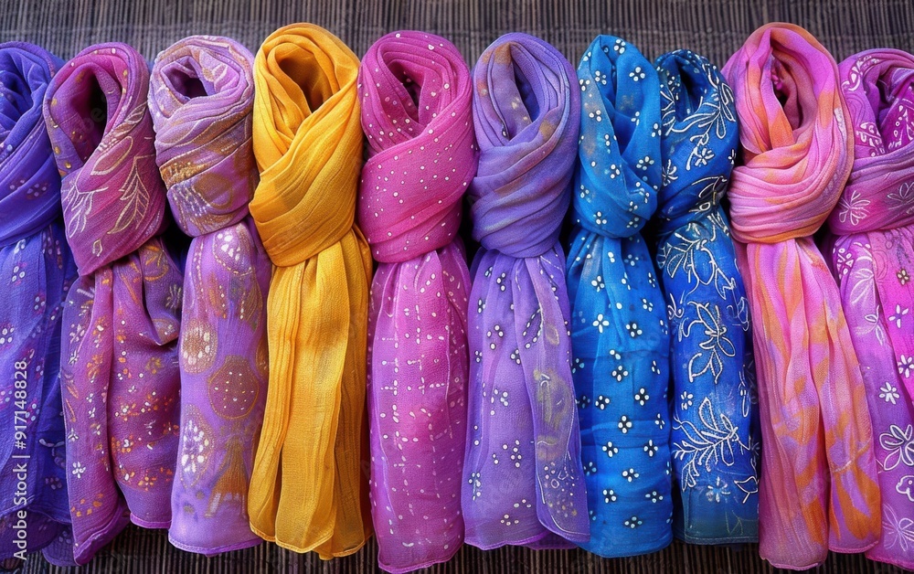 Aufkleber a row of colorful scarves with a variety of patterns and designs. the colors are bright and the patt