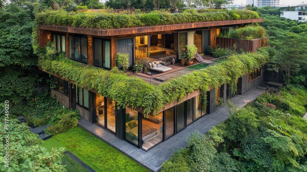 Poster Modern home with green roof and lush foliage.