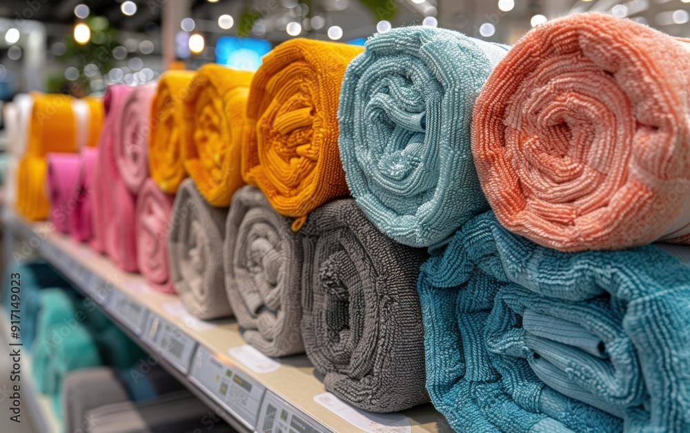 Aufkleber a row of colorful towels are displayed on a shelf. the towels are arranged in a rainbow pattern, wit