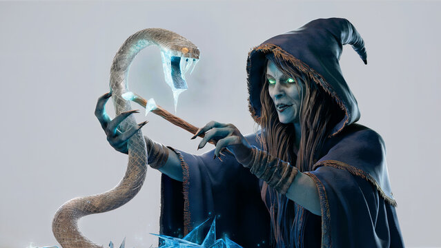 halloween carnival masked witch with frozen snake