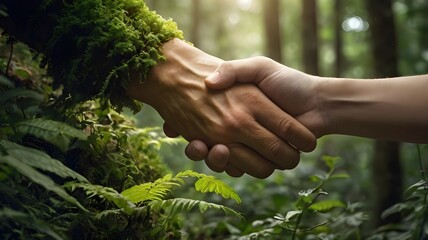 AI-generated image that illustrates the deep connection between humanity and nature, with a close-up of a human hand shaking hands with a plant stem. The softly blurred forest background 