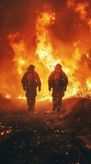 Fototapeta premium Two firefighters are walking through a burning forest. The fire is very large and the smoke is thick