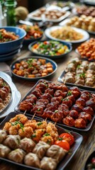 Obraz premium A table full of food with many different dishes, including a bowl of soup and a plate of meatballs