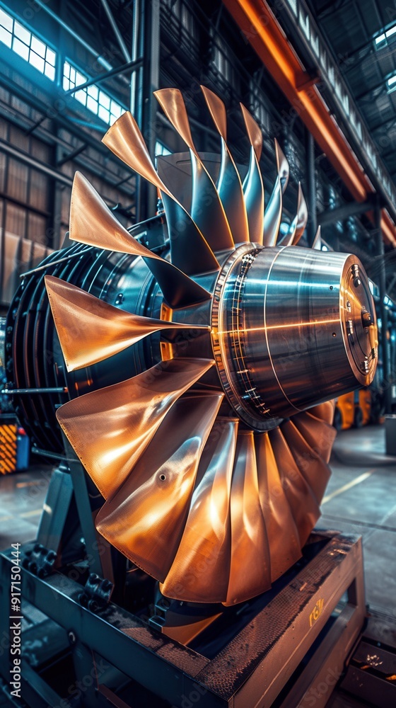 Poster a large fan is on display in a factory. the fan is made of metal and has a shiny, polished appearanc