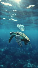 Obraz premium A turtle is swimming in the ocean with a plastic bag floating above it. Concept of environmental concern and the impact of human waste on marine life