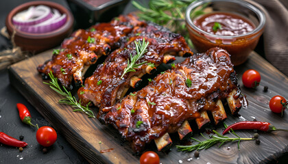 Grilled and smoked ribs with barbeque sauce on a carving board