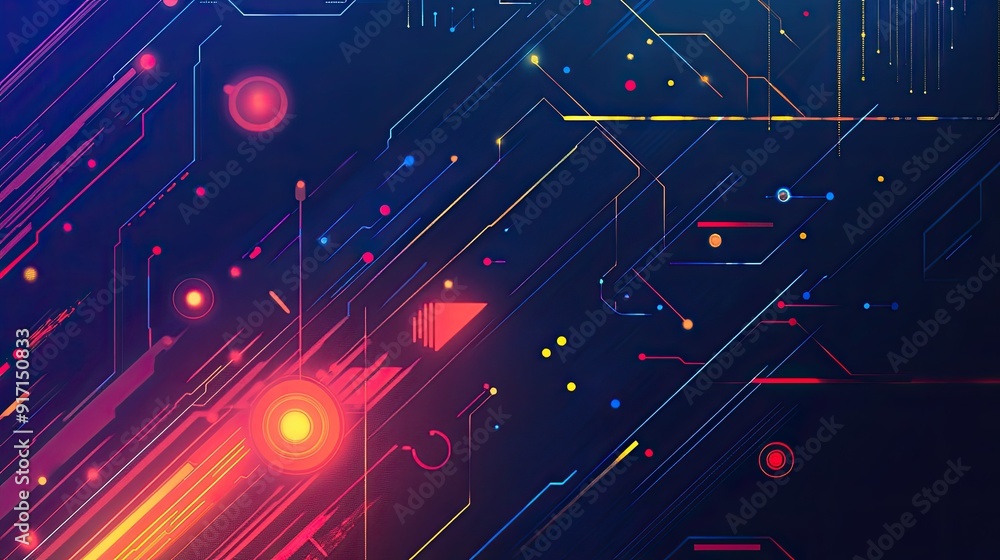 Poster abstract background with modern tech symbols and flowing data lines from a top view