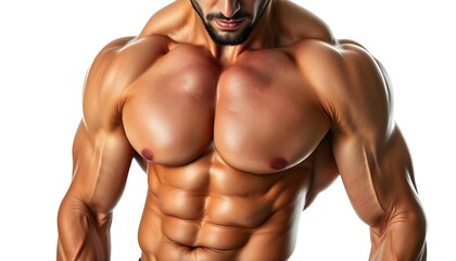 A muscular, shirtless man with a chiseled physique, showing off his well-defined abs, chest, and arms