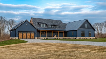 Obraz premium A modern blue farmhouse with a brown wood door garage door, and a long paved driveway.