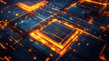 Obraz premium Abstract geometric shapes and patterns with digital circuits and glowing elements