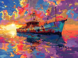 Obraz premium Sunset Boat in Pixelated Sea.