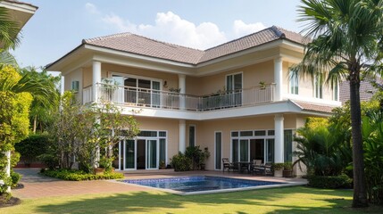 Fototapeta premium Two-story home with a swimming pool in the backyard.