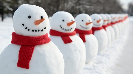 A row of snowmen with red scarves and red noses. The snowmen are all smiling and seem to be happy