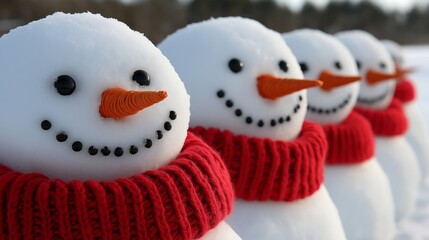 Four snowmen with red scarves and orange carrots. The snowmen are smiling and seem to be happy