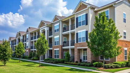 Obraz premium Modern apartment complex with manicured landscaping and sidewalk under a blue sky.