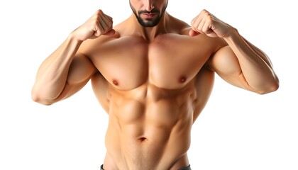 Fototapeta premium Muscular shirtless man with a beard, posing with his arms raised