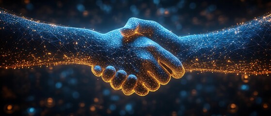 Digital handshake made of glowing lines.