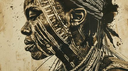 An African warrior woman in her traditional outfit with warrior facepaint, captured in a detailed blend of aquatint and thin line etching, highlighting cultural richness