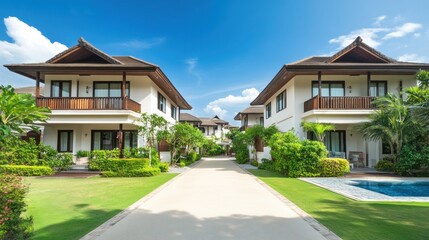 Obraz premium Two white modern houses with brown wooden balconies, palm trees and a swimming pool in a tropical setting.
