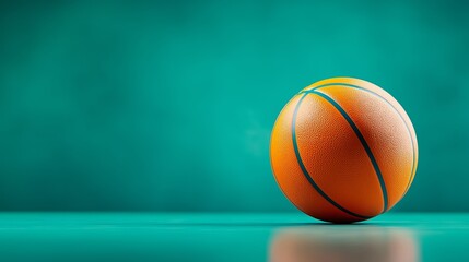 Obraz premium A basketball is sitting on a green surface. The ball is orange and has a black stripe. The image has a calm and peaceful mood, as the ball is not in motion and is simply sitting on the surface