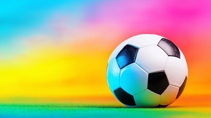 Obraz premium A soccer ball is sitting on a green field. The ball is white and black. The field is colorful and the sky is in the background