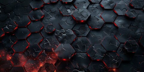 Fototapeta premium Abstract background with cracks and hexagonal patterns in black and red tones, textured elements, futuristic style.