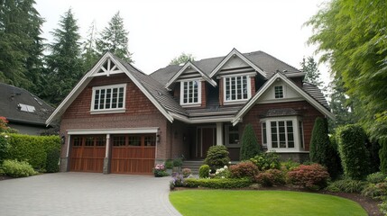 A beautiful two-story home with a brick exterior, a large garage door, and a lush green lawn and landscaping.