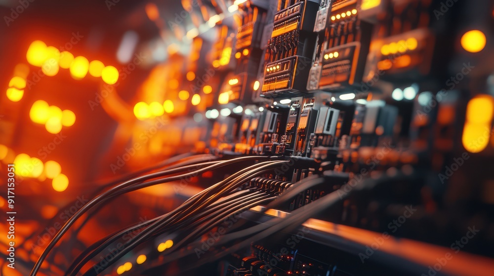 Poster a 3d render of a telephone exchange room with cables being connected to network racks, interior view