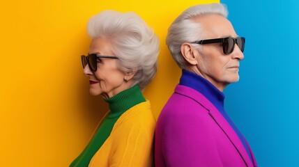 Two older people wearing colorful clothing and sunglasses. The man is wearing a purple jacket and the woman is wearing a yellow jacket