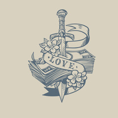 The sword pierces money with the inscription love. The problem of finances for the sake of good relationships. The primacy of love and feeling over money.