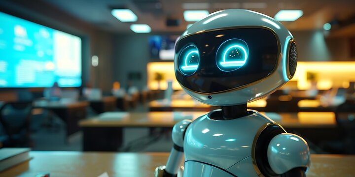 3D Illustration of a Friendly Robot in an Office Setting