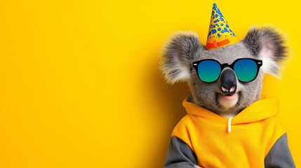 Fototapeta premium A cartoon koala wearing sunglasses and a party hat. The koala is wearing a yellow hoodie and is smiling