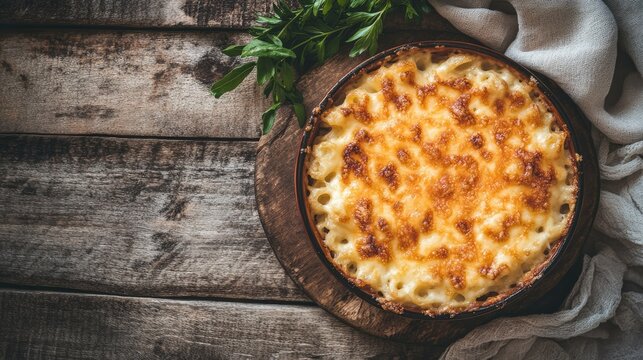 Overhead shot of a cheesy baked macaroni with a golden crust